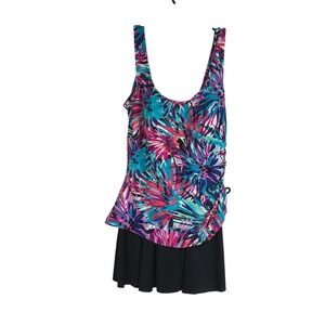 Maxine of Hollywood Tropical Print bathing suit with attached skirt. 16W